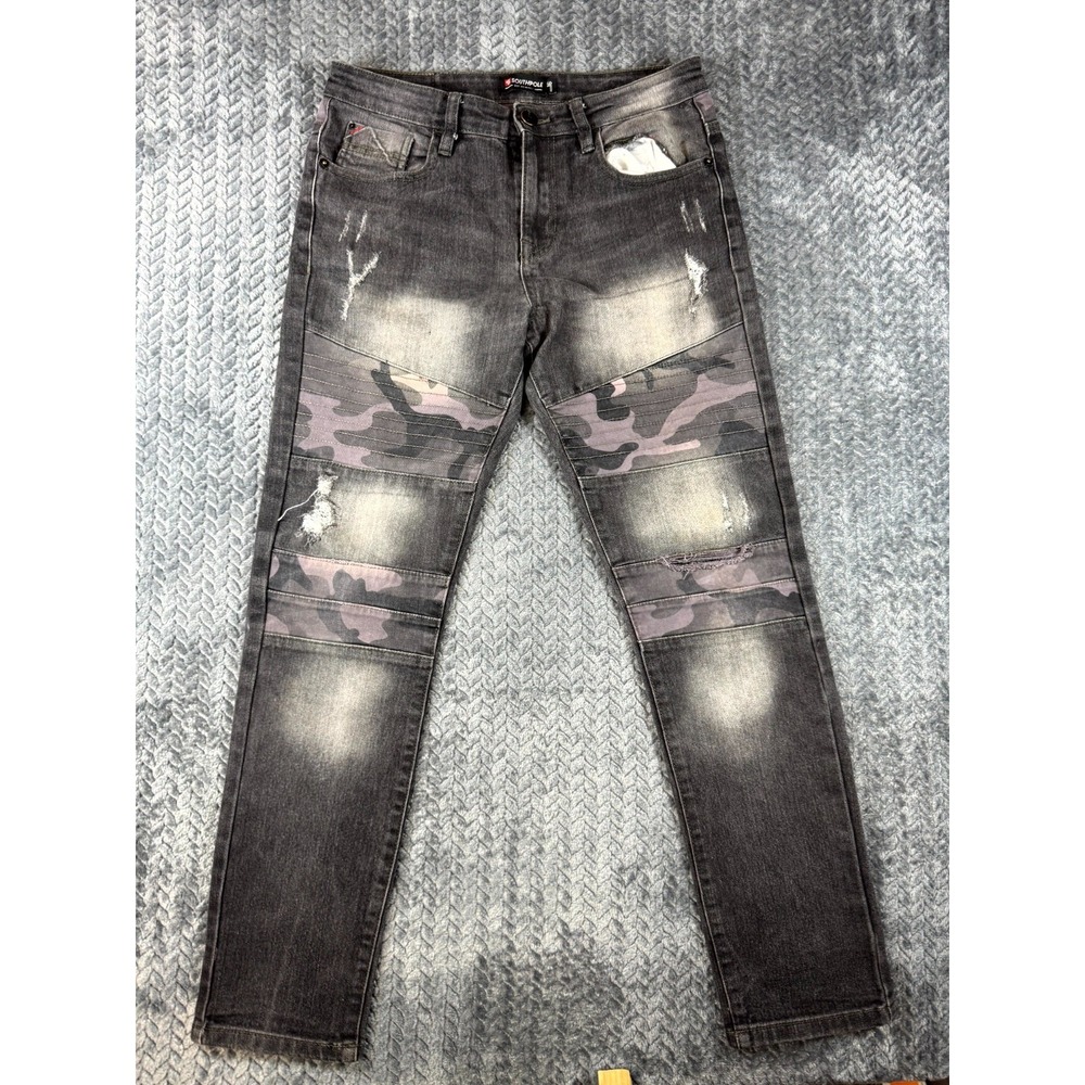 Southpole Jeans Womens 16 Black‎ Denim Distressed Camouflage Panel Straight Leg